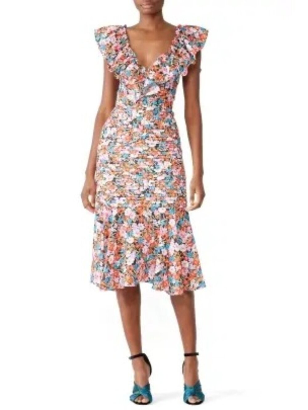 Floral Ruffle V-Neck Midi Dress in Multi-Color